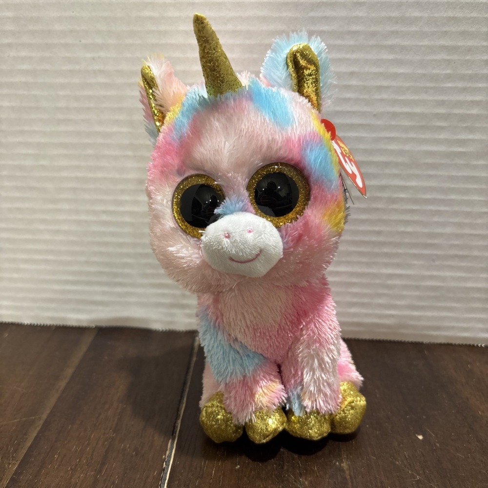 Ty Beanie Boos Boo Fantasia the Unicorn 6" Beanbag Plush Pink Rainbow Spots‎